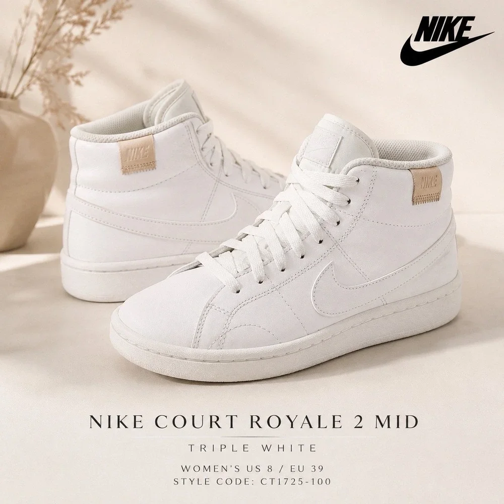 Nike Court Royale 2 Mid Triple White Women's US 8 Leather Sneakers CT1725-100